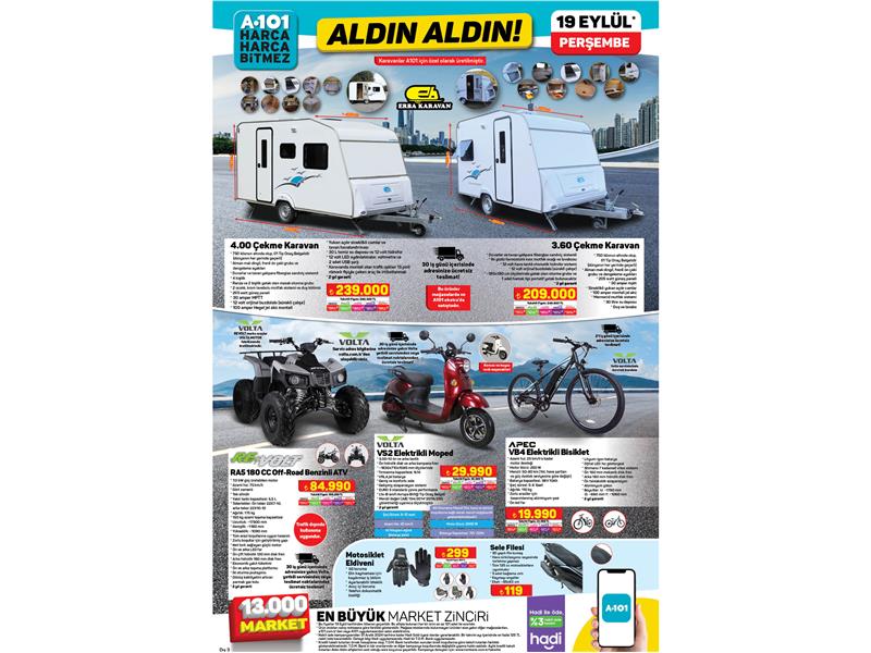 A101’den 19 Eylül’de Uygun Fiyatlı Karavan, ATV, Moped ve Elektrikli Bisiklet Fırsatı