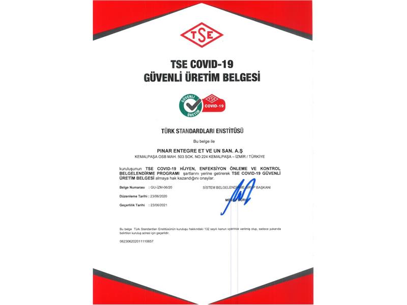 Pınar Et’ten sektöründe bir ilk daha  “TSE Covid-19 Güvenli Üretim Belgesi” 