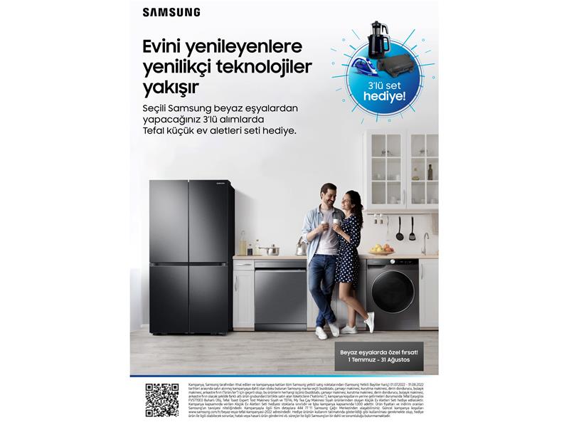 Seçili Samsung beyaz eşyalarda üçlü alım yapanlara küçük ev aletleri seti hediye!