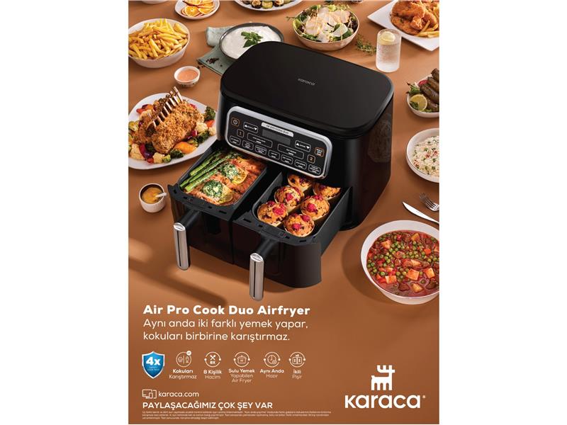 8 Kişilik İkili Geniş Hacmiyle Bol Porsiyonlu   Sulu Yemek Yapan Karaca Air Pro Cook Duo AirFryer! 